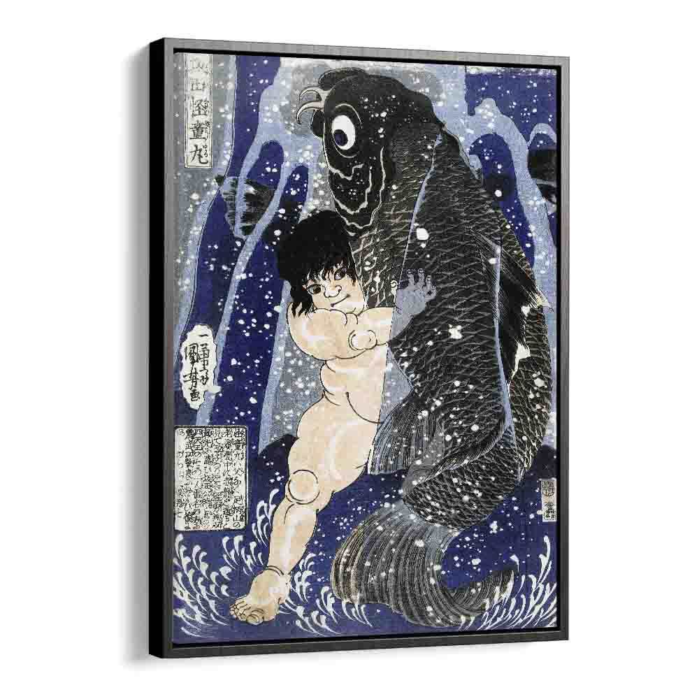 Kintaro Worstelend Met Karper 1834-1838 By Utagawa Kuniyoshi Japanese Paintings in Black Floater Frame