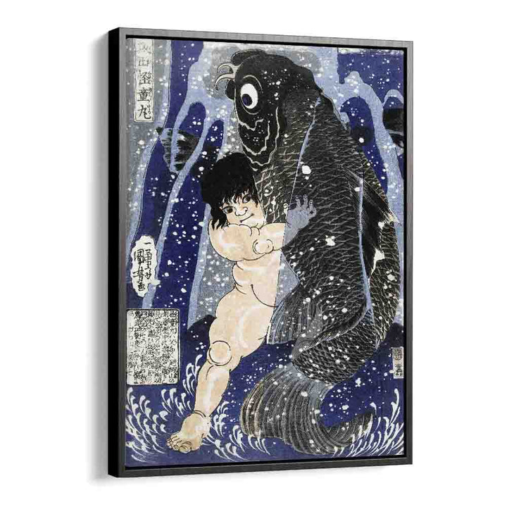 Kintaro Worstelend Met Karper 1834-1838 By Utagawa Kuniyoshi Japanese Paintings in Black Floater Frame