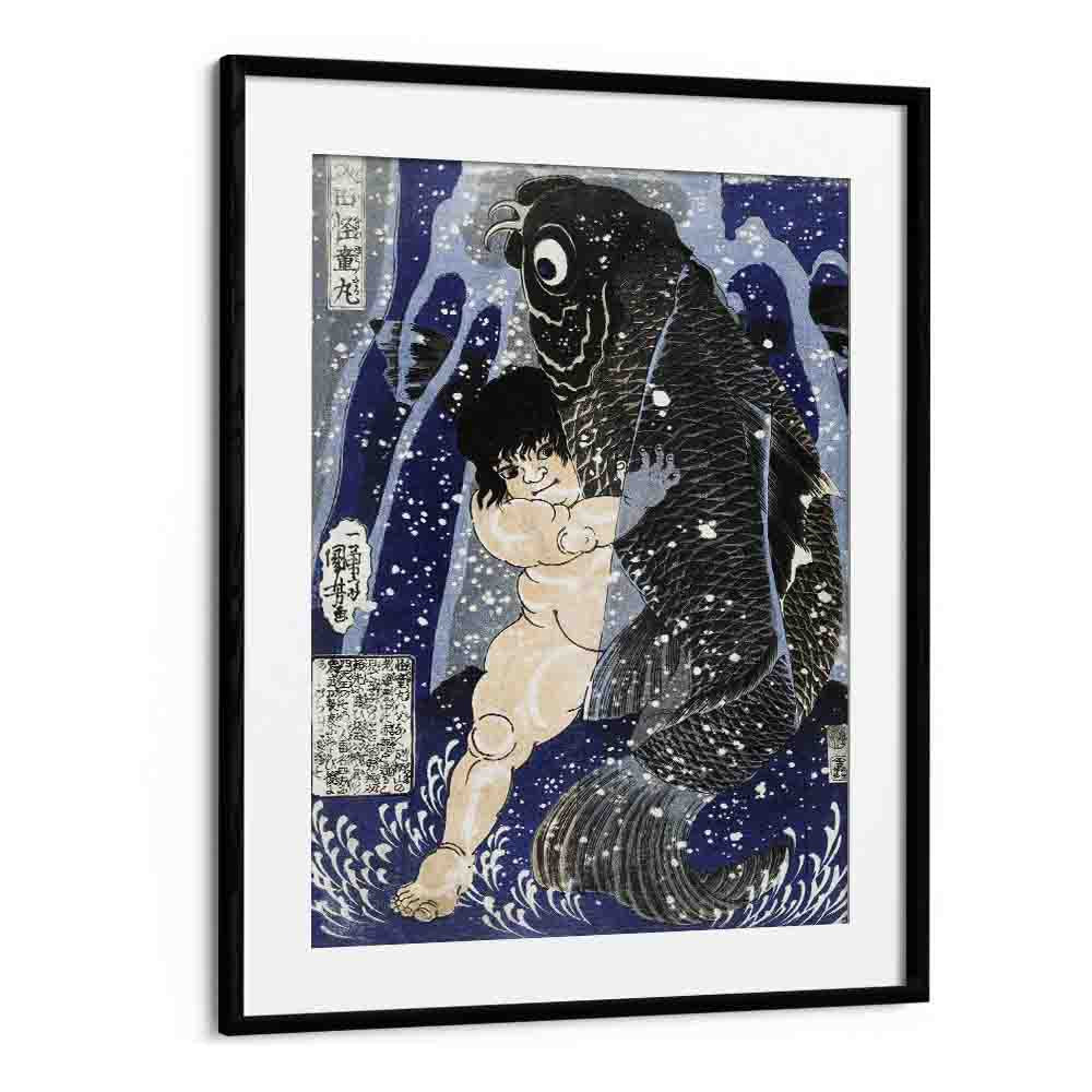 Kintaro Worstelend Met Karper 1834-1838 By Utagawa Kuniyoshi Japanese Paintings in Black Frame With Mount
