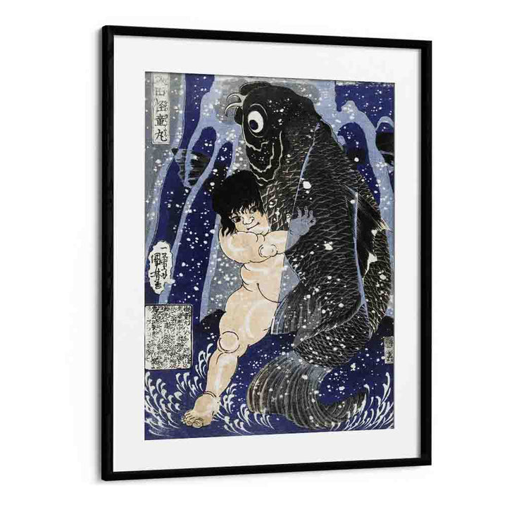 Kintaro Worstelend Met Karper 1834-1838 By Utagawa Kuniyoshi Japanese Paintings in Black Frame With Mount