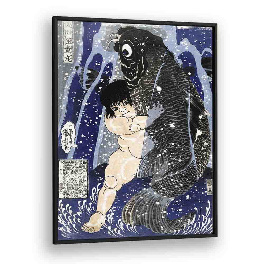 Kintaro Worstelend Met Karper 1834-1838 By Utagawa Kuniyoshi Japanese Paintings in Black Plain Frame