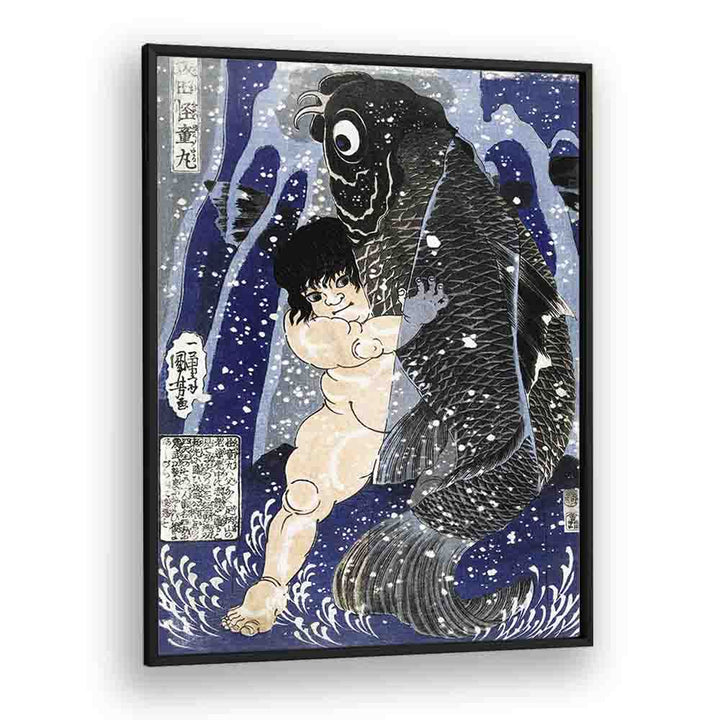 Kintaro Worstelend Met Karper 1834-1838 By Utagawa Kuniyoshi Japanese Paintings in Black Plain Frame