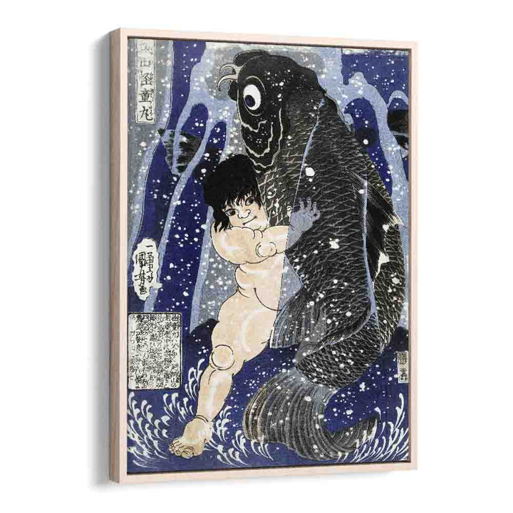 Kintaro Worstelend Met Karper 1834-1838 By Utagawa Kuniyoshi Japanese Paintings in Oak Wood Floater Frame