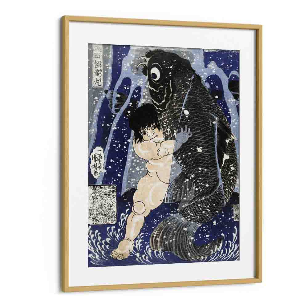 Kintaro Worstelend Met Karper 1834-1838 By Utagawa Kuniyoshi Japanese Paintings in Oak Wood Frame With Mount