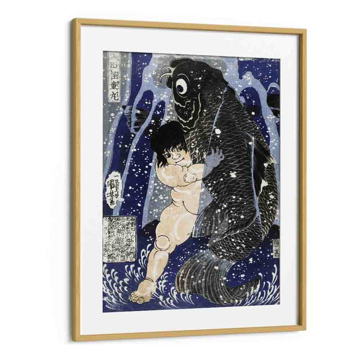 Kintaro Worstelend Met Karper 1834-1838 By Utagawa Kuniyoshi Japanese Paintings in Oak Wood Frame With Mount