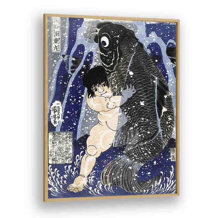 Kintaro Worstelend Met Karper 1834-1838 By Utagawa Kuniyoshi Japanese Paintings in Oak Wood Plain Frame