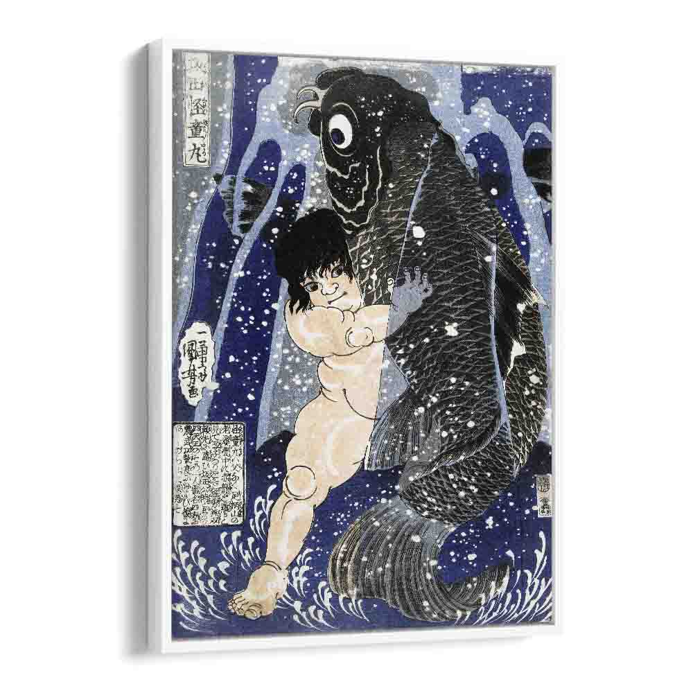 Kintaro Worstelend Met Karper 1834-1838 By Utagawa Kuniyoshi Japanese Paintings in White Floater Frame