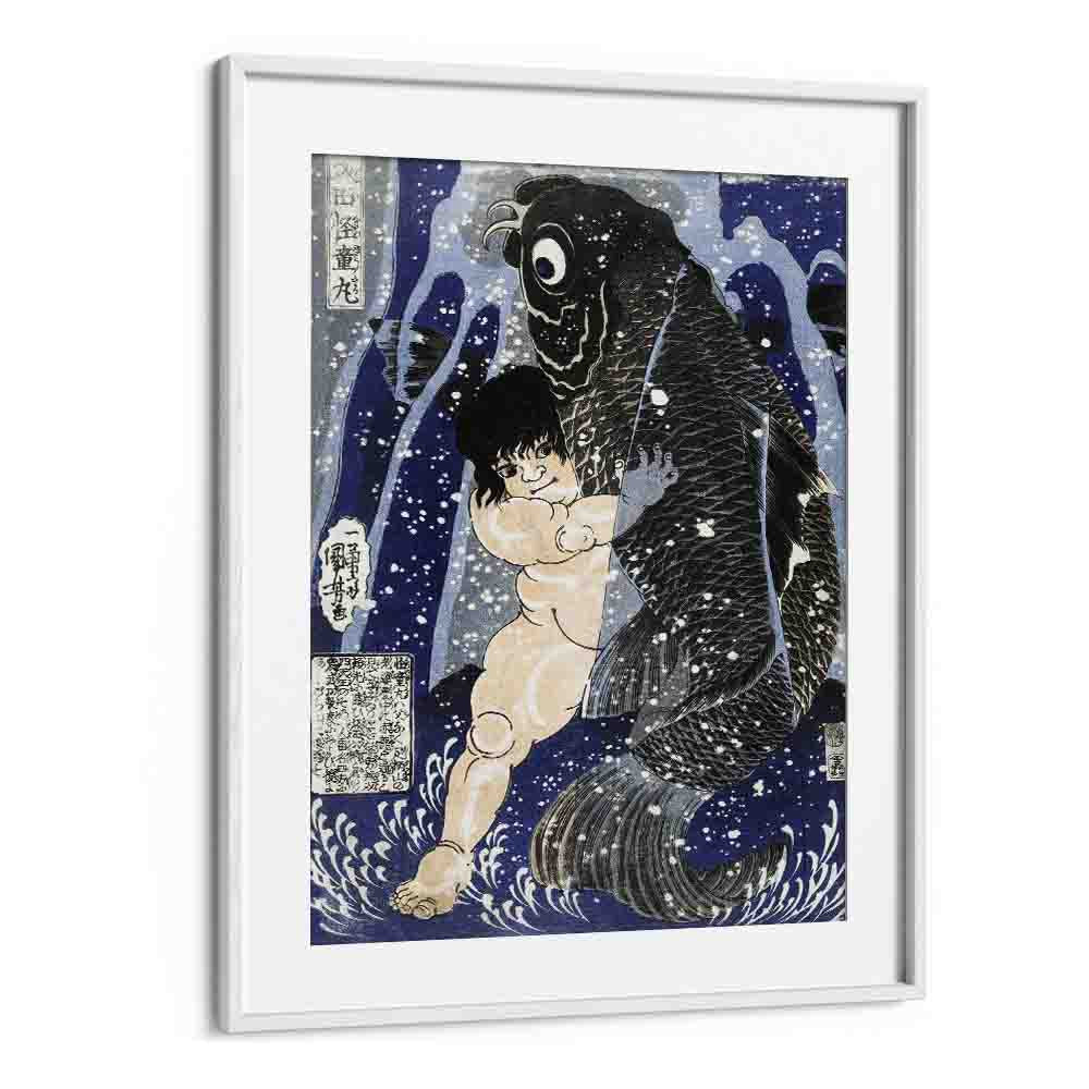 Kintaro Worstelend Met Karper 1834-1838 By Utagawa Kuniyoshi Japanese Paintings in White Frame With Mount