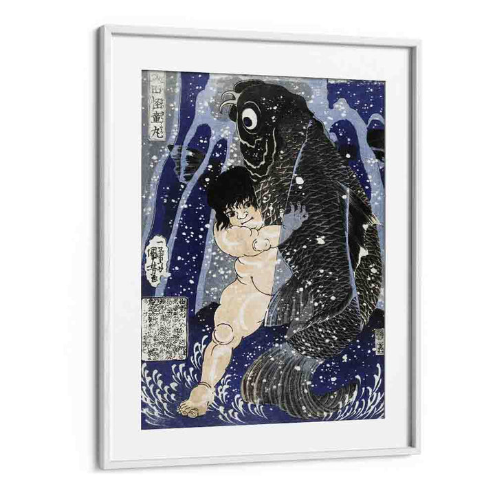Kintaro Worstelend Met Karper 1834-1838 By Utagawa Kuniyoshi Japanese Paintings in White Frame With Mount