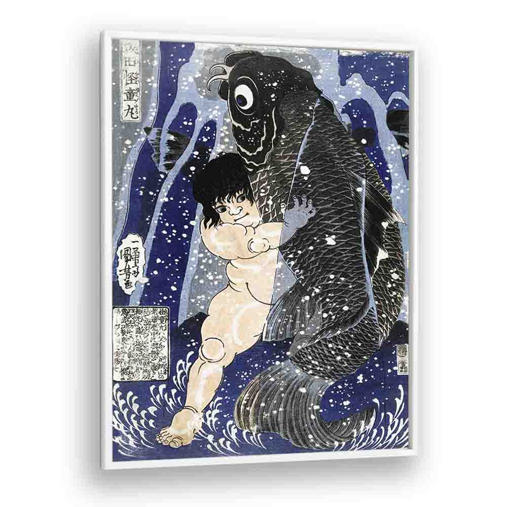 Kintaro Worstelend Met Karper 1834-1838 By Utagawa Kuniyoshi Japanese Paintings in White Plain Frame