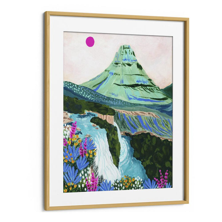 Kirkjufell By Sarah Gesek Landscape Art Prints in Oak Wood Frame With Mount