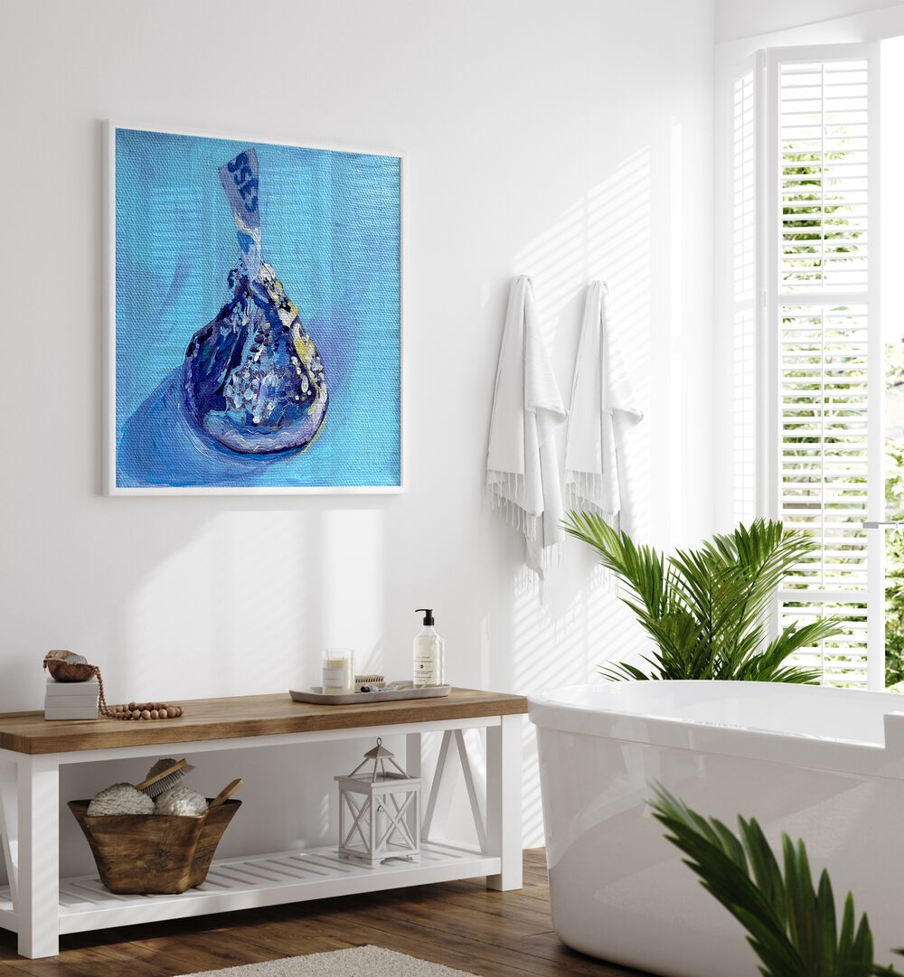 Kiss By Key And Sea Creative Art Print in White Plain Frame above a table for bathroom