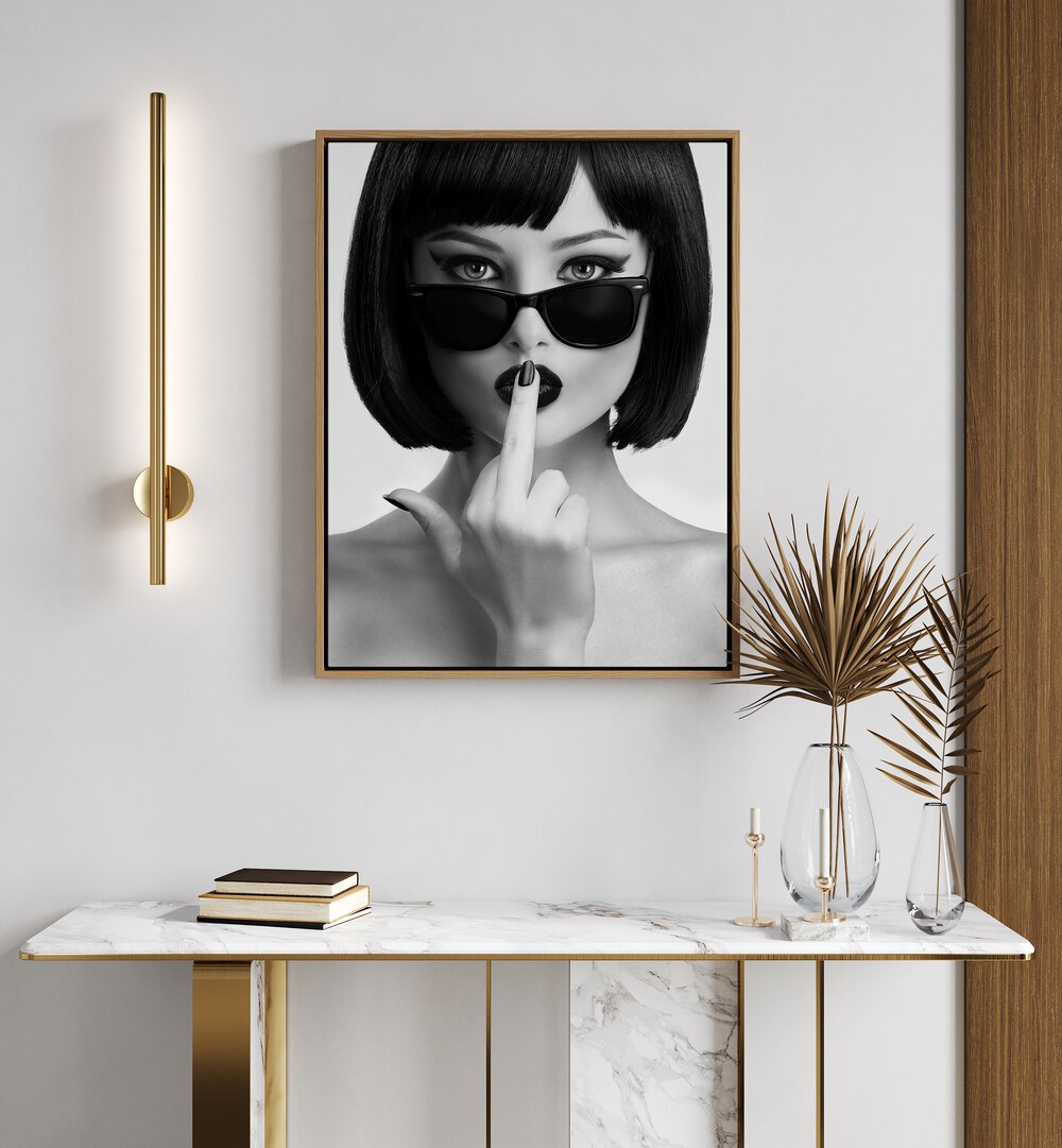 Kiss This I by David Drake Fine Art Photography Fashion Photography in Oak Wood Floater Frame placed on a wall behind a table