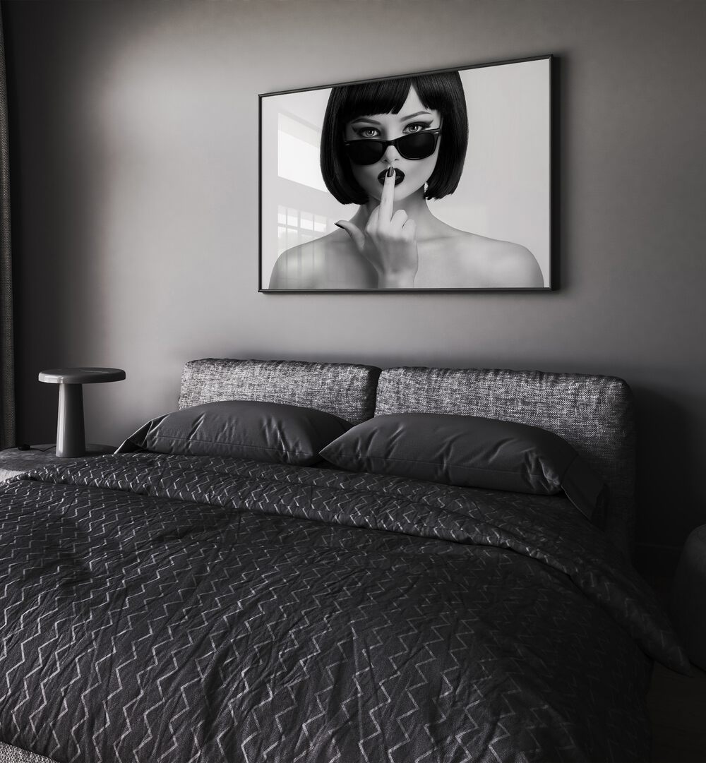  painting - KISS THIS by AsianmonkKiss This by David Drake Fine Art Photography Fashion Photography in Black Plain Frame placed on a bedroom wall behind a bed