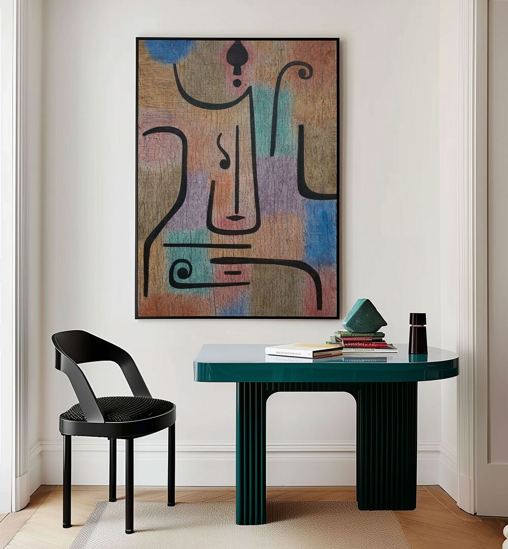 Klee Erzengel Vintage Paintings in Black Plain Frame placed on a wall behind a study table