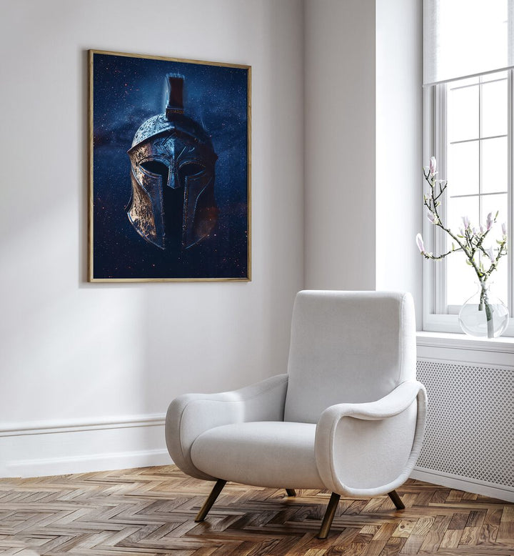 Knight Helmet Art Surreal Art Prints Surrealism in Oak Wood Plain Frame placed on a White Colored Wall near a White Sofa Chair in the Drawing Room