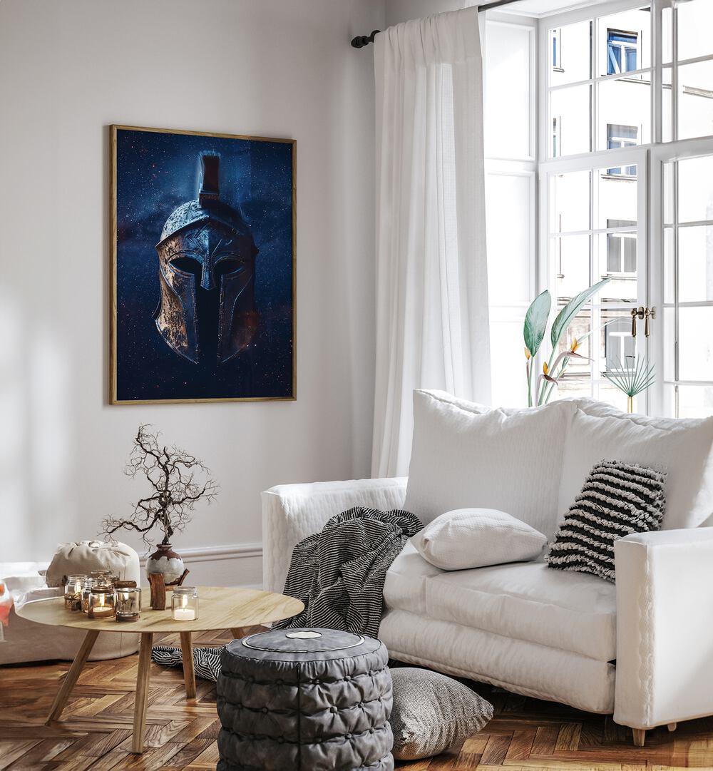 Knight Helmet Art Surreal Art Prints Surrealism in Oak Wood Plain Frame  placed on a White Colored Wall near a White Sofa in the Living Room