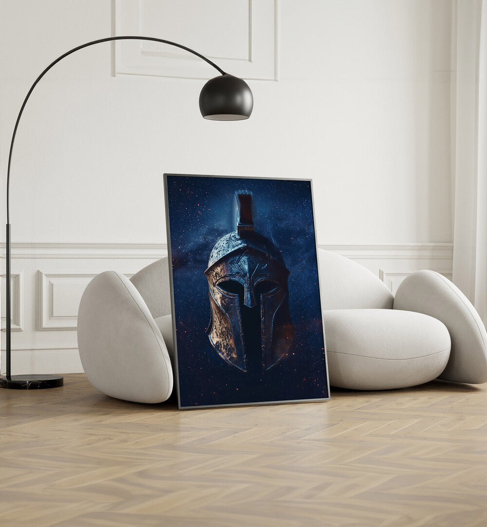 Knight Helmet Art Surreal Art Prints Surrealism in Black Plain Frame placed on the floor near a White Sofa in the Living Room