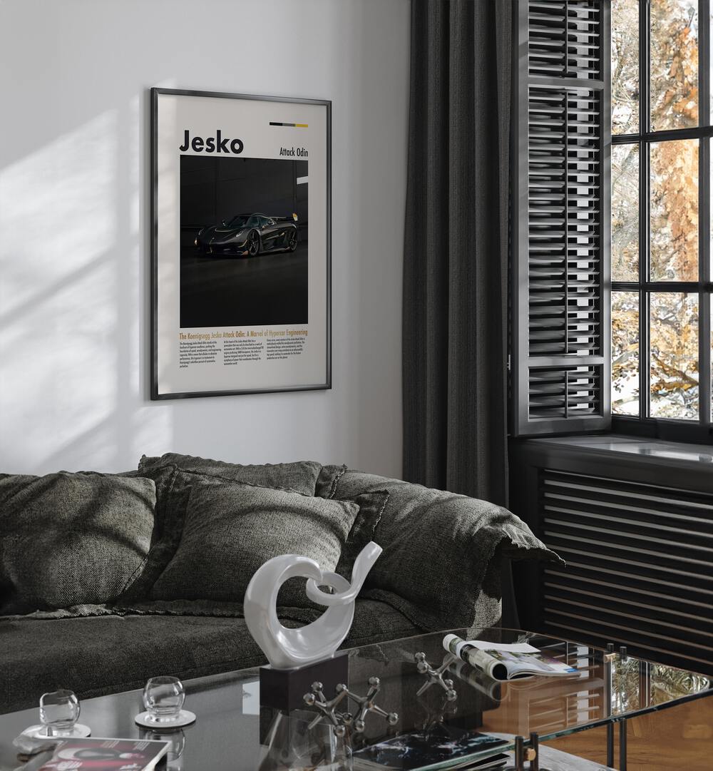 Koenigsegg Jesko Attack Odin Car Posters Automotive Wall Art Prints in Black Plain Frame placed on a White Colored Wall near a Grey Sofa in the Living Room