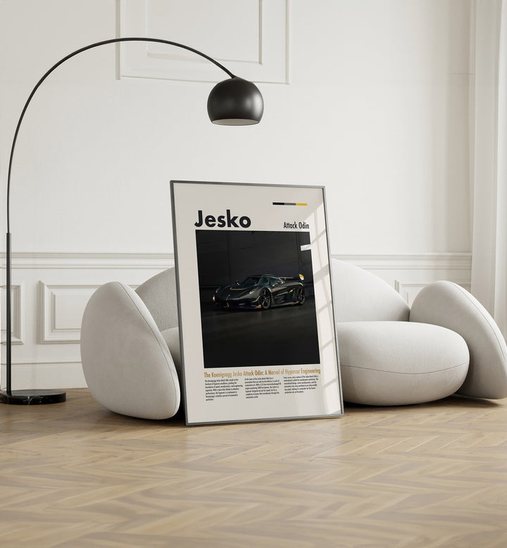 Koenigsegg Jesko Attack Odin Car Posters Automotive Wall Art Prints in Black Plain Frame placed on the floor near a White Sofa in the Living Room