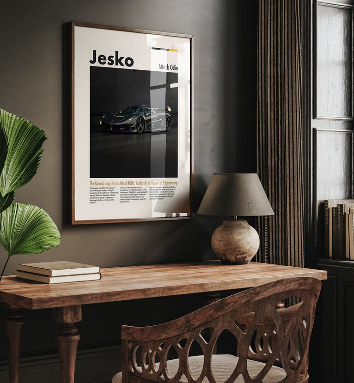 Koenigsegg Jesko Attack Odin Car Posters Automotive Wall Art Prints in Dark Wood Plain Frame placed on a Dark Brown Colored Wall Above a Study Table in a Workspace in the Drawing Room