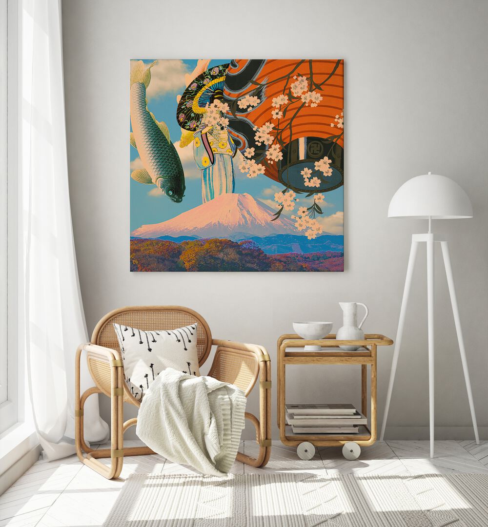 Koi By Cosmo Zach Surreal Art Prints Surrealism in Gallery Wrap placed on a wall behind a chair and beside a window