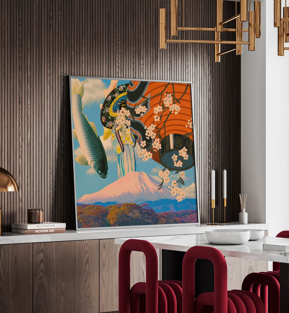 Koi By Cosmo Zach Surreal Art Prints Surrealism in Black Plain Frame placed on a table 