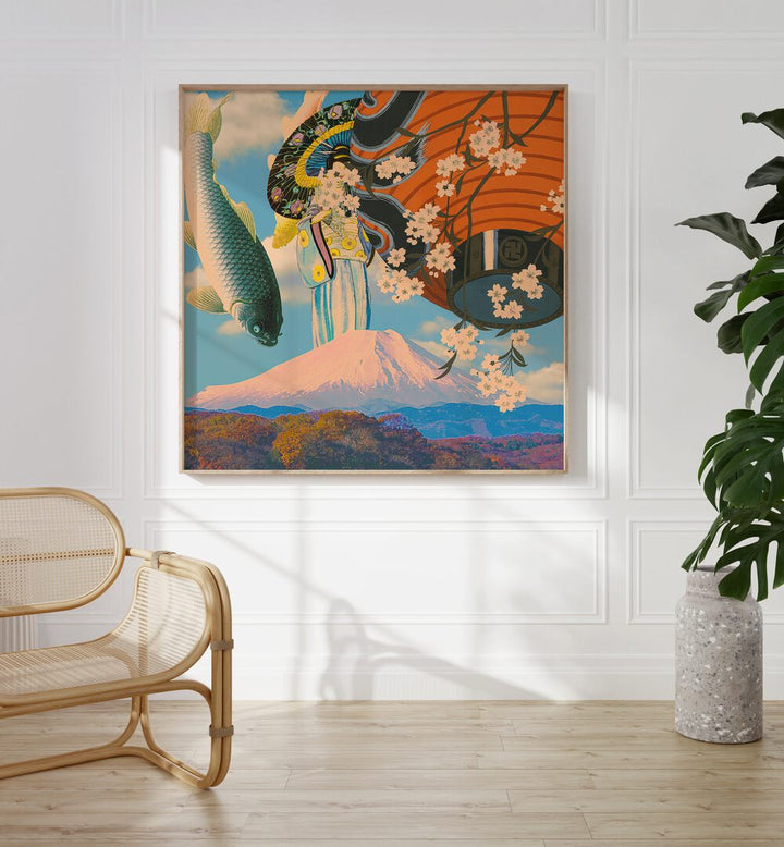 Koi By Cosmo Zach Surreal Art Prints Surrealism in Oak Wood Plain Frame placed on a white wall between a chair and a plant