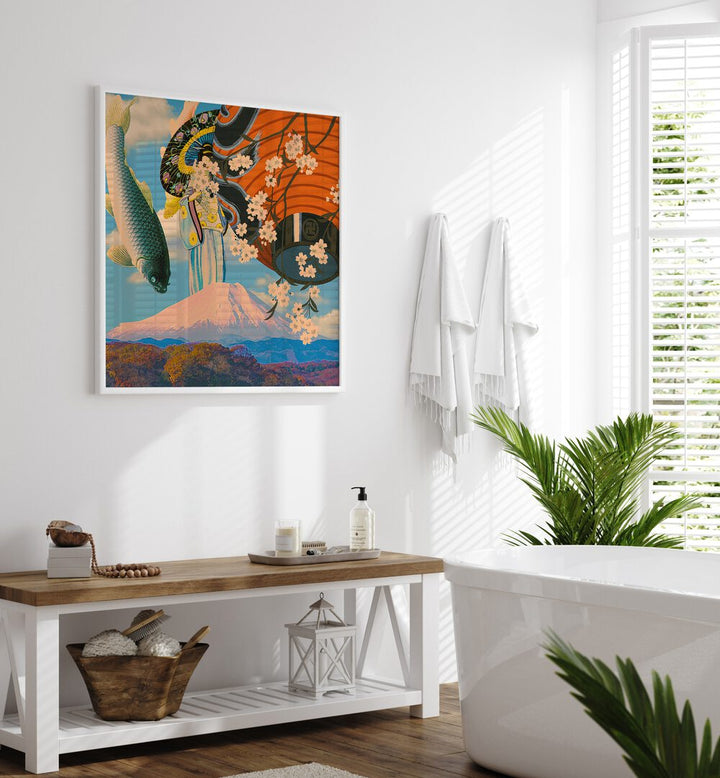 Koi By Cosmo Zach Surreal Art Prints Surrealism in White Plain Frame placed on a bathroom wall beside a bathtub