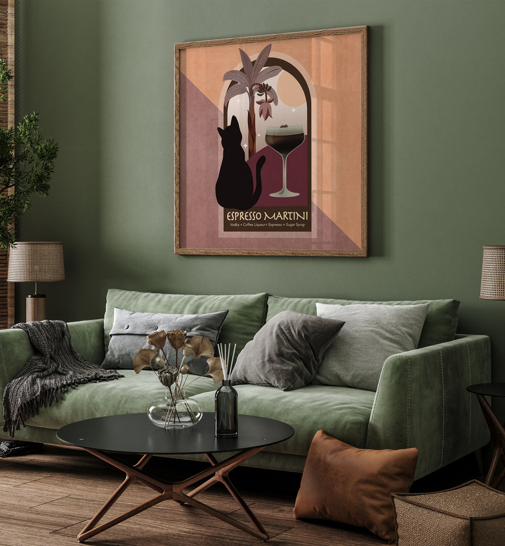 Kokteyl Ezpresso Martini By Emel Tunaboylu Bar Posters Bar Art Prints in Oak Wood Plain Frame placed on a Green Colored Wall near a Green Sofa  in the Living Room