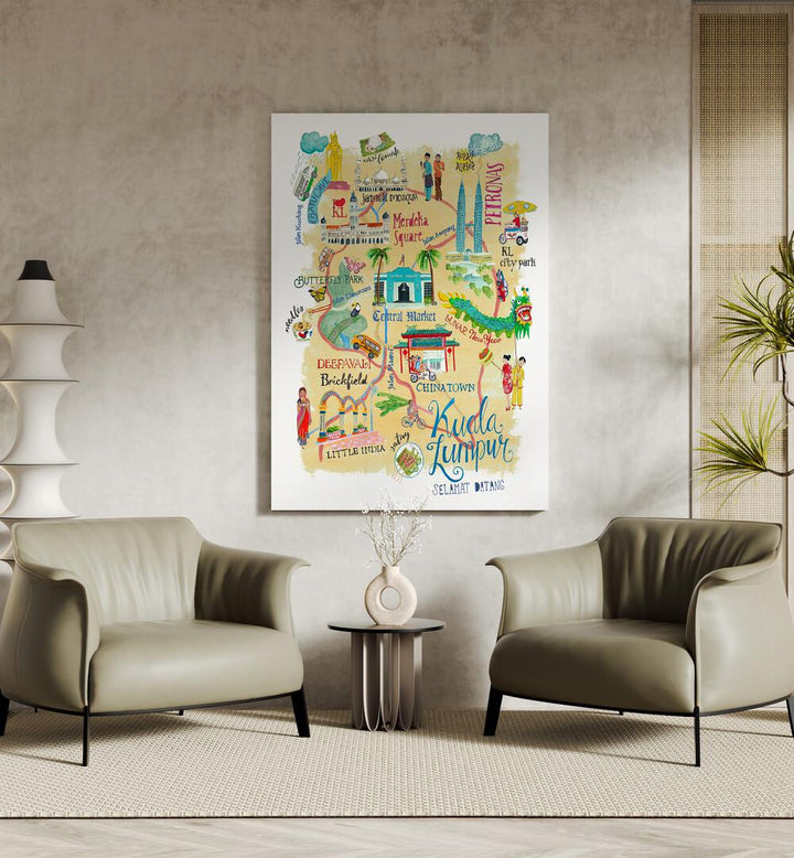 Kuala Lumpur By Caroline Bonne Muller Travel Poster in Gallery Wrap on a beige wall behind and in between two sofa