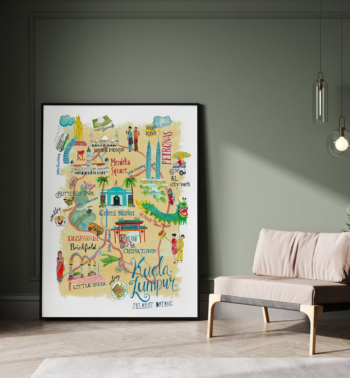 Kuala Lumpur By Caroline Bonne Muller Travel Poster in Black Plain Frame on the floor beside a sofa