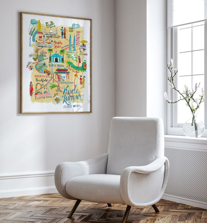 Kuala Lumpur By Caroline Bonne Muller Travel Poster in Oak Wood Plain Frame on a white wall beside a window