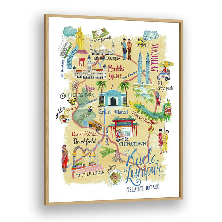 Kuala Lumpur By Caroline Bonne Muller Travel Poster in Oak Wood Plain Frame