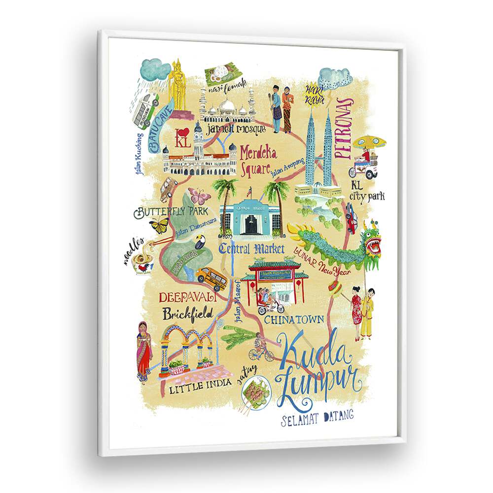 Kuala Lumpur By Caroline Bonne Muller Travel Poster in White Plain Frame