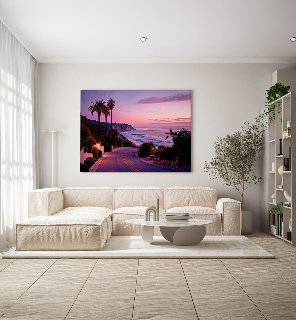 Vibrant L.A BEACH ROAD , BEACH PAINTINGS capturing California's coastal allure in a stunning home setting.