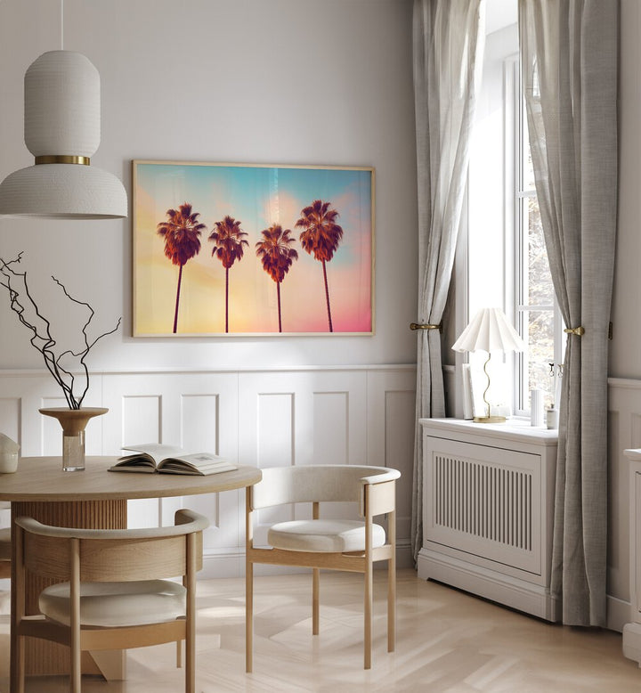 Vibrant L.A Sunset Palms beach painting by Philippe Hugonnard, perfect for a serene home oasis.