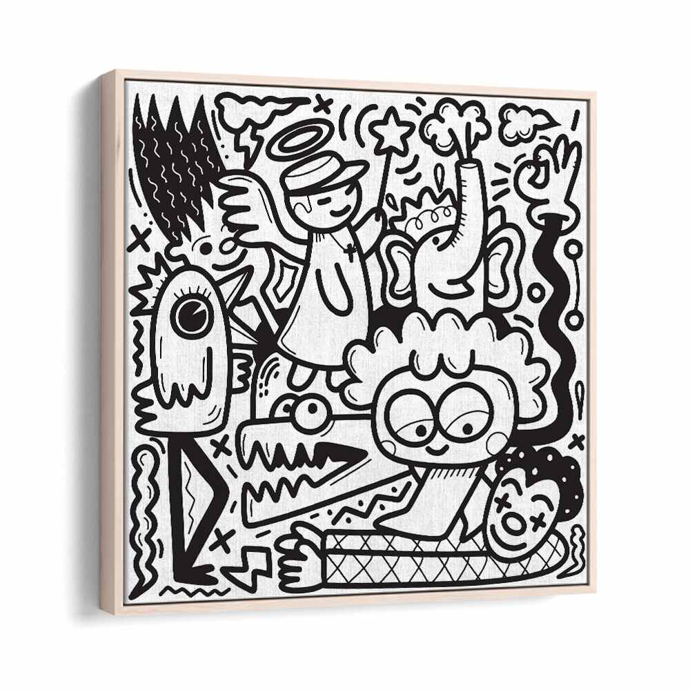 La La Land Doodle Art B&w Doodle Art Artwork in Oak Wood Floater Frame