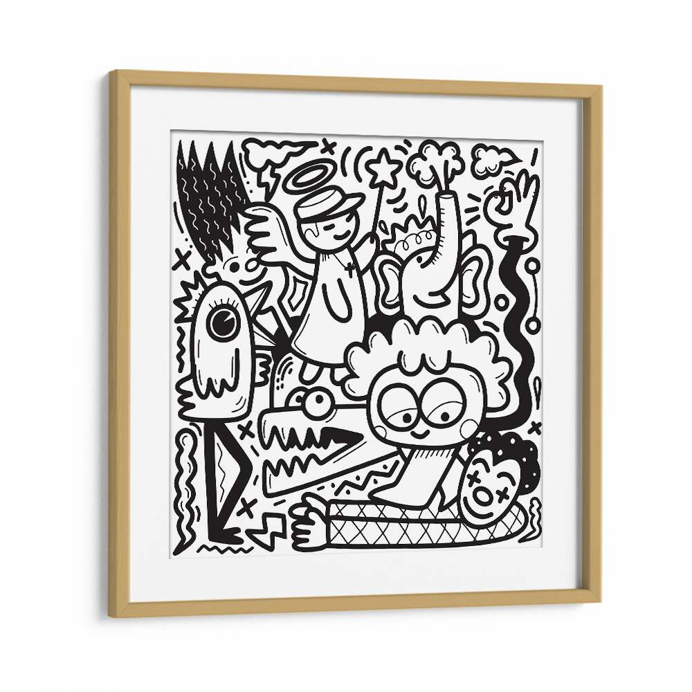 La La Land Doodle Art B&w Doodle Art Artwork in Oak Wood Frame With Mount