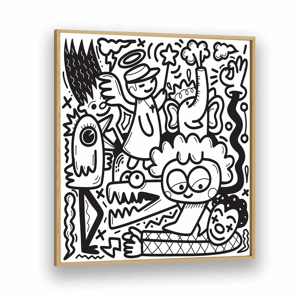 La La Land Doodle Art B&w Doodle Art Artwork in Oak Wood Plain Frame