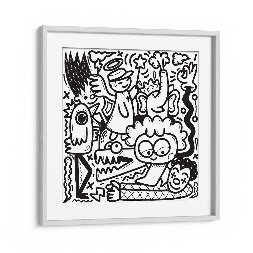 La La Land Doodle Art B&w Doodle Art Artwork in White Frame With Mount