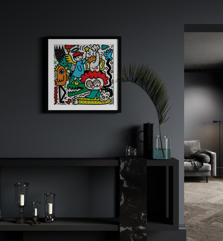 La La Land Doodle Art Comic Art Artwork in Black Frame With Mount placed on a Dark Grey Wall in the Drawing Room