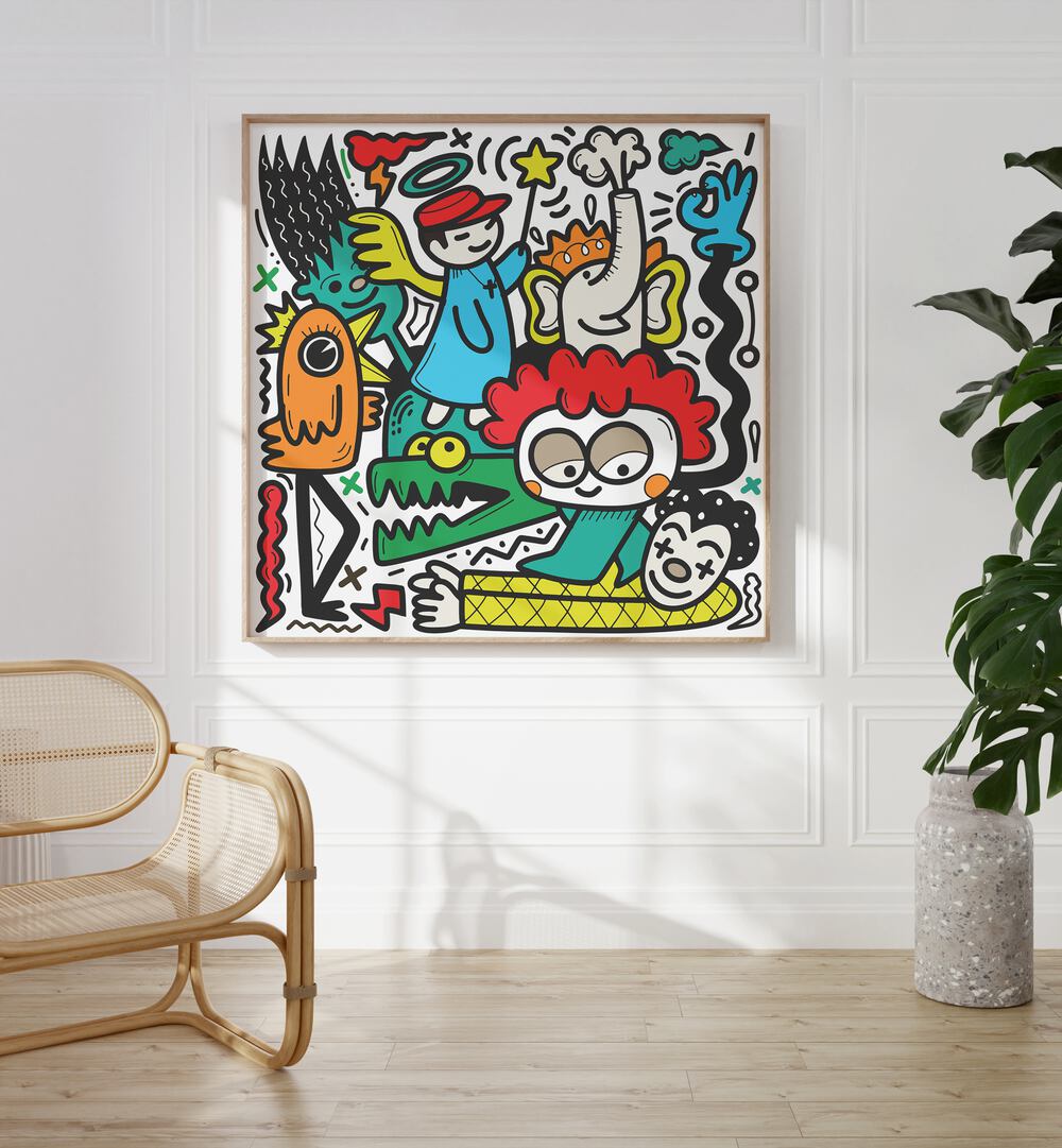 La La Land Doodle Art Comic Art Artwork in Oak Wood Plain Frame Placed on a White wall in the Drawing Room