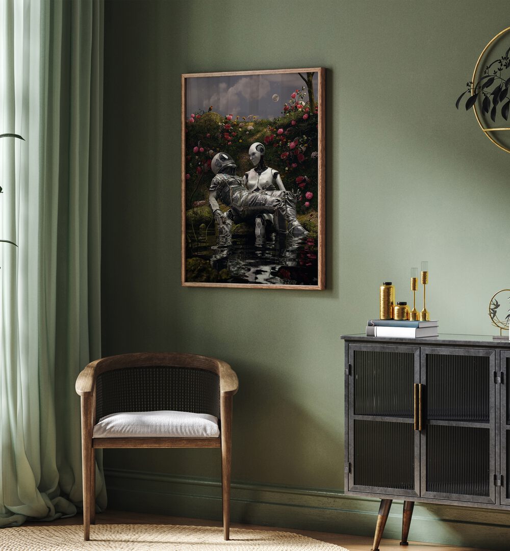 La Pieta By Francis Minoza Astronaut & Nasa Paintings, Space Art Prints Artwork in Oak Wood Plain Frame placed on a Green Colored Wall in the Drawing Room
