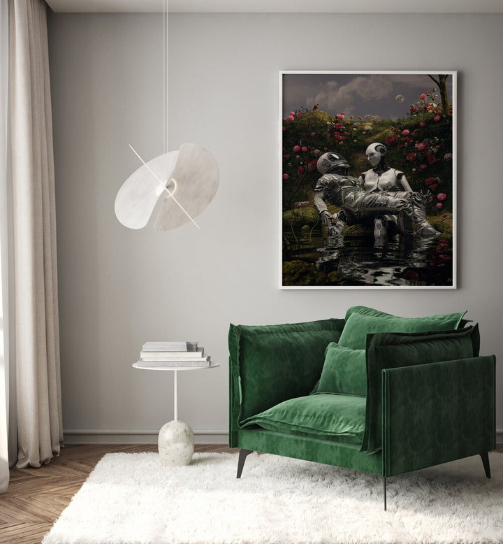 La Pieta By Francis Minoza Astronaut & Nasa Paintings, Space Art Prints Artwork in White Plain Frame placed on a Grey Colored Wall near a Green Sofa Chair in the Drawing Room