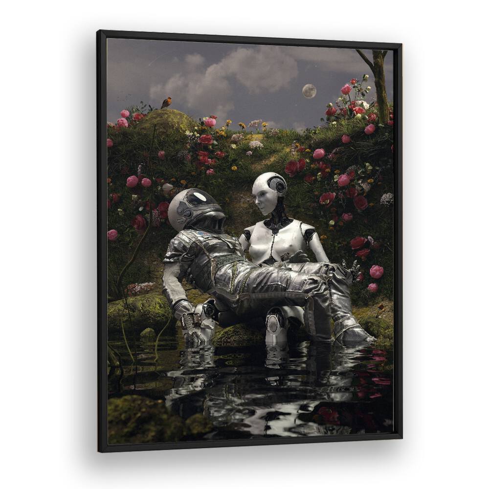 La Pieta By Francis Minoza Astronaut & Nasa Paintings, Space Art Prints Artwork in Black Plain Frame
