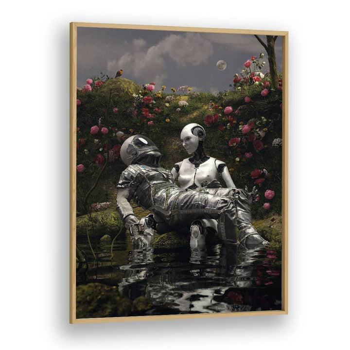 La Pieta By Francis Minoza Astronaut & Nasa Paintings, Space Art Prints Artwork in Oak Wood Plain Frame
