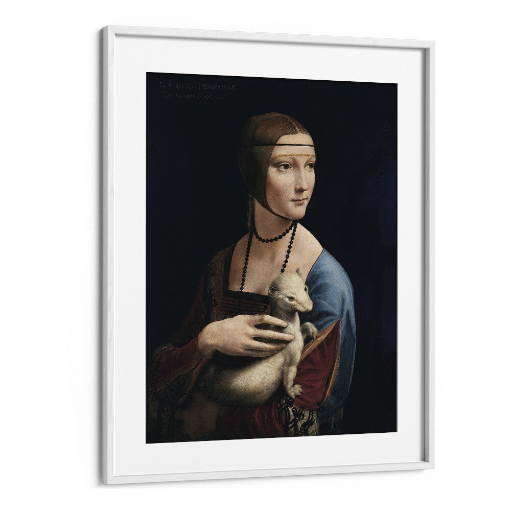 Lady With An Emrin Leonardo Da Vinci art painting Artwork in White frame With Mount