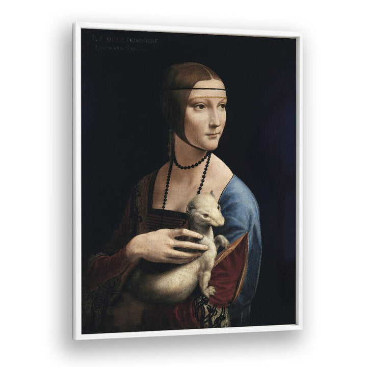 Lady With An Emrin Leonardo Da Vinci art painting Artwork in White Plain Frame