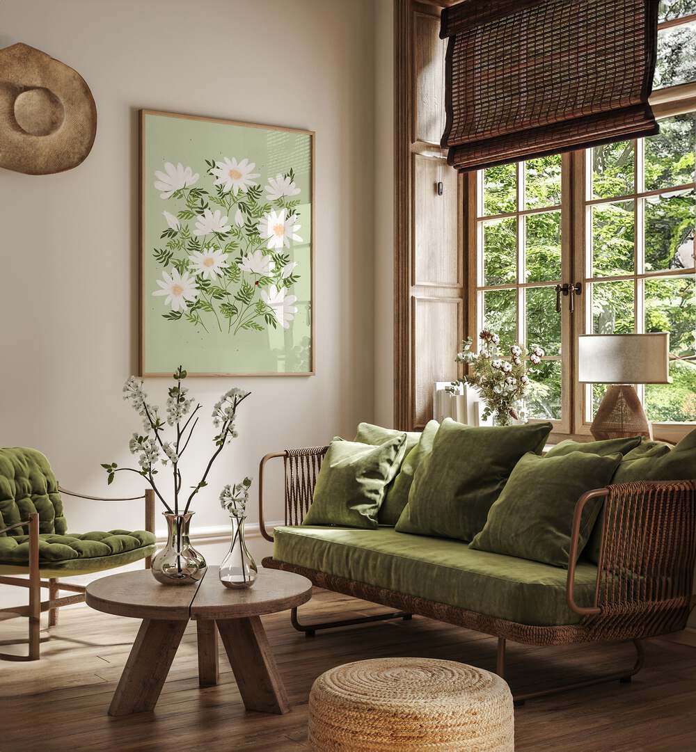Bright and cheerful room featuring LADYBUG FLOWERS, FLORAL FLOWER PAINTINGS, perfect for a cozy decor update.